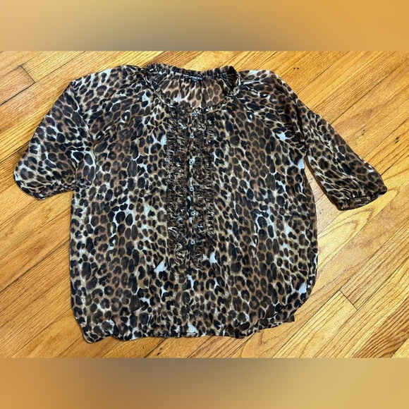Express Women’s Sheer Cheetah Print Ruffle Neck 3/4 Sleeve Blouse Medium - Picture 1 of 9